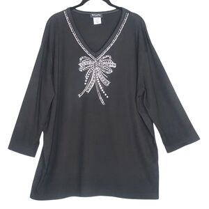 Get Lucky USA Women 2X Black Embellished Rhinestone Bow Top NWOT NEW